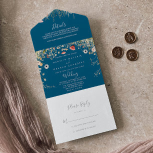 Invitation Tout En Un Mariage Fleur sauvage de la Marine Boho