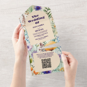 Invitation Tout En Un Mariage Fleur sauvage de QR Code Elegant Watercolo
