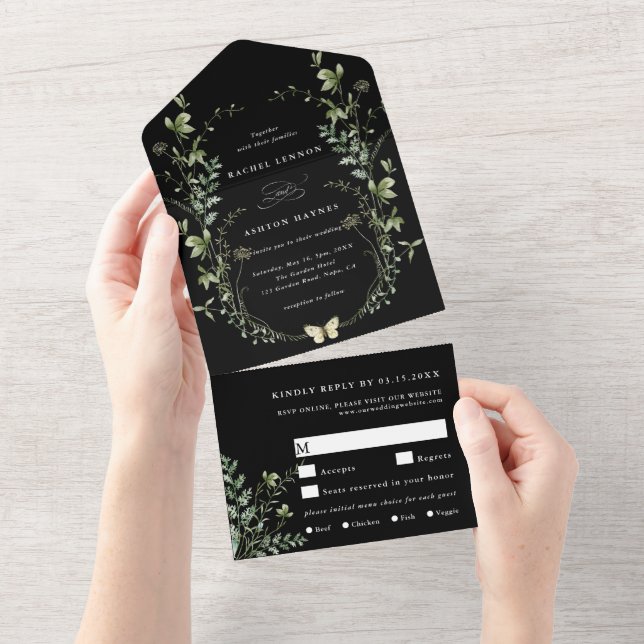 Invitation Tout En Un Mariage Fleur sauvage noir Elegant (Déchirure)