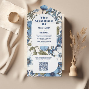 Invitation Tout En Un Mariage Fleur sauvage QR Code Blue Periwinkle