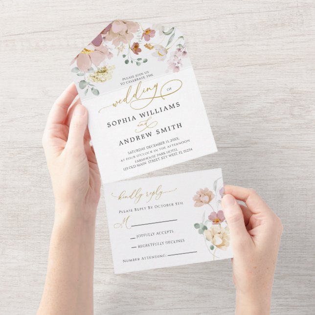 Invitation Tout En Un Mariage Fleur sauvage rose et rouge (Déchirure)