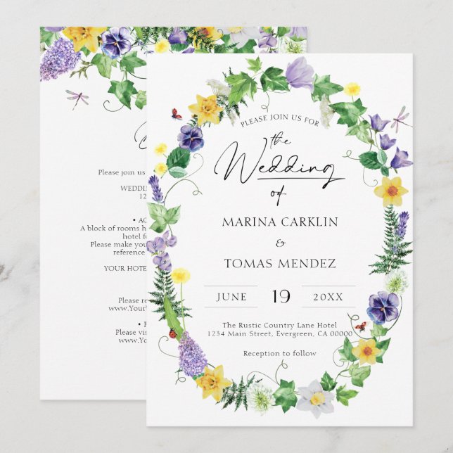 Invitation Tout en un | Mariage Fleur sauvage rustique (Devant / Derrière)