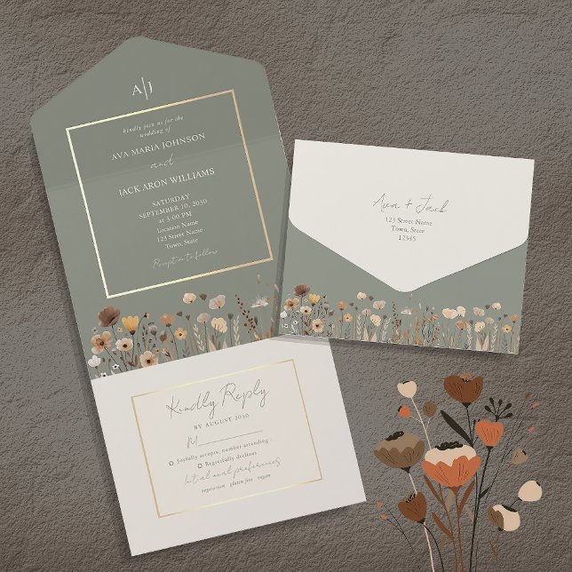 Invitation Tout En Un Mariage fleur sauvage Sage Green (Créateur téléchargé)
