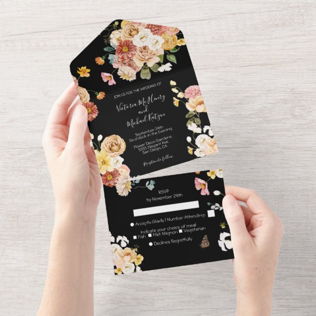 Invitation Tout En Un Mariage Fleurie de Jardin Foncé et Sombre (Déchirure)