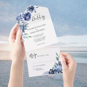 Invitation Tout En Un Mariage Fleurs de Nuit Bleu Poussiéreux