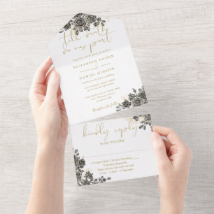 Invitation Tout En Un Mariage Fleurs de Roses Gothiques Or Jusqu'à la Mo