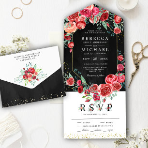 Invitation Tout En Un Mariage Fleurs de Roses Rouges Modernes Noir