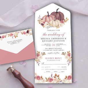 Invitation Tout En Un Mariage Fleurs Rose Poussiéreuse et Citrouille et