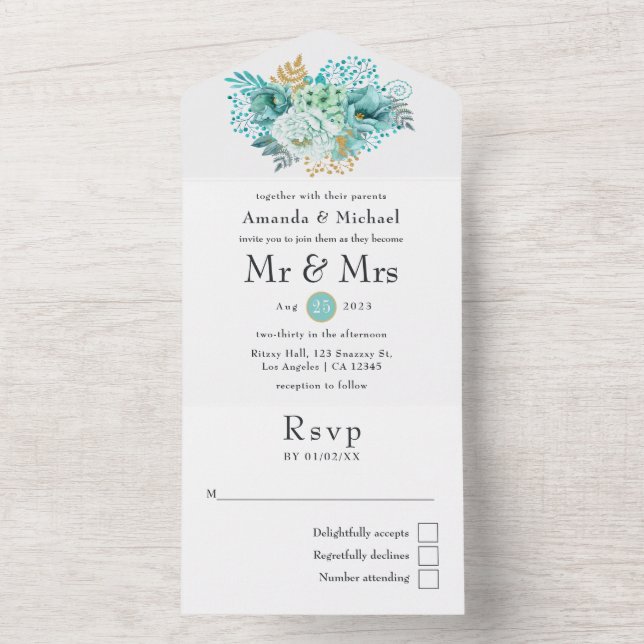 Invitation Tout En Un Mariage floral à l'aquarelle de la menthe (À l'intérieur)