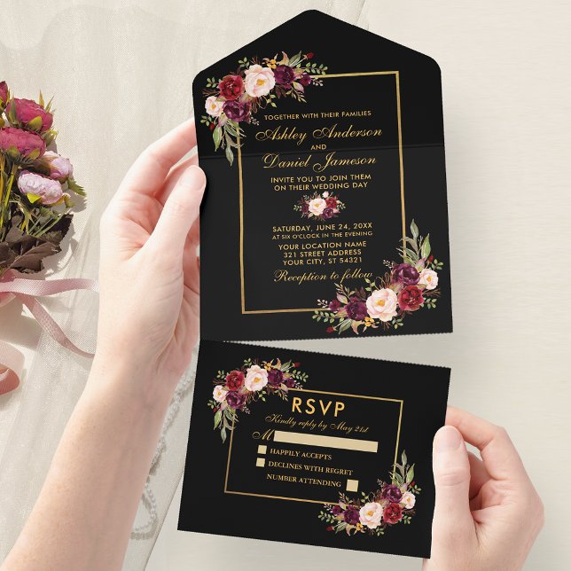 Invitation Tout En Un Mariage Floral Aquarelle Bourgogne Or (All In One Wedding Invitation with tear off RSVP Card.)