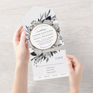 Invitation Tout En Un Mariage floral aquarelle noir et blanc
