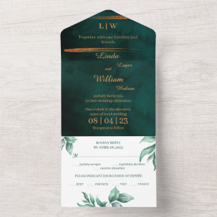 Invitation Tout En Un Mariage floral Aquarelle profonde Mer Vert foncé