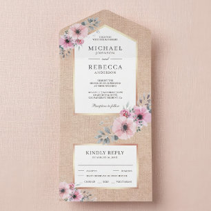 Invitation Tout En Un Mariage Floral Aquarelle Rose Pâle Burlap Rustique