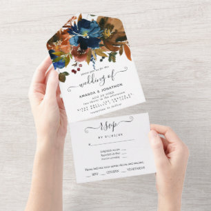 Invitation Tout En Un Mariage floral au gingembre et au bleu de marine