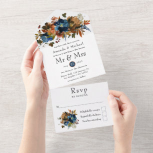 Invitation Tout En Un Mariage floral au gingembre et au bleu de marine