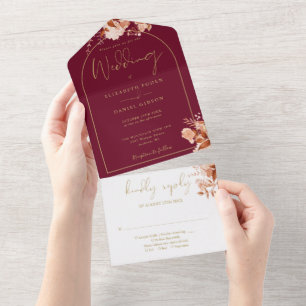 Invitation Tout En Un Mariage floral automnal à arche dorée et bordeaux