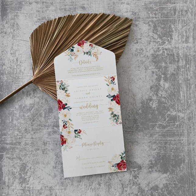Invitation Tout En Un Mariage Floral Blanc Burgundy Or Classique (Créateur téléchargé)