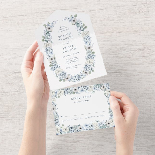 Invitation Tout En Un Mariage Floral Bleu (Déchirure)