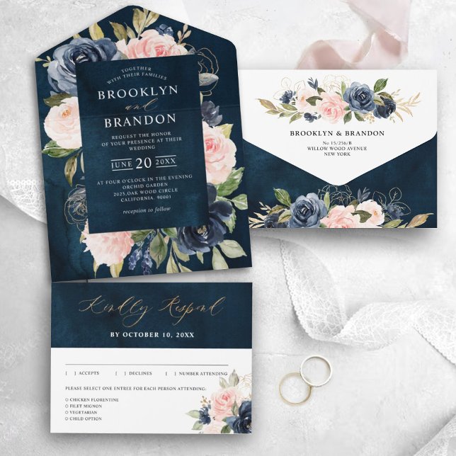 Invitation Tout En Un Mariage floral bleu bleu bleu roux rose (Créateur téléchargé)