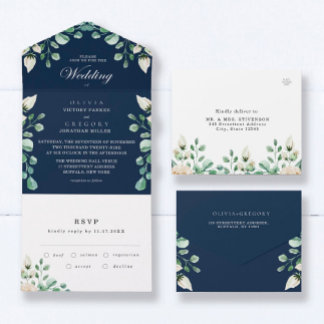 Invitation Tout En Un Mariage Floral Bleu de la Marine tous en une invit