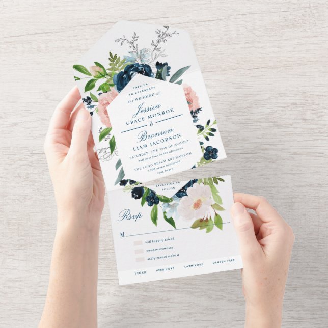 Invitation Tout En Un Mariage floral bleu et bleu marine (Déchirure)
