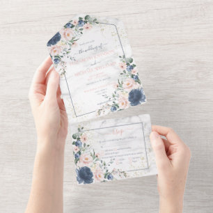 Invitation Tout En Un Mariage floral bleu pâle rose rose pâle