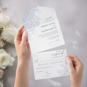 Invitation Tout En Un Mariage Floral Bleu Poussiéreux à la Française Vic