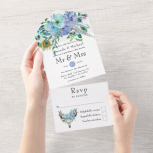 Invitation Tout En Un Mariage floral bohème vert et bleu