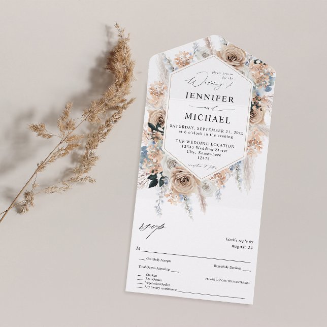 Invitation Tout En Un Mariage Floral Boho Bleu & Beige (Créateur téléchargé)