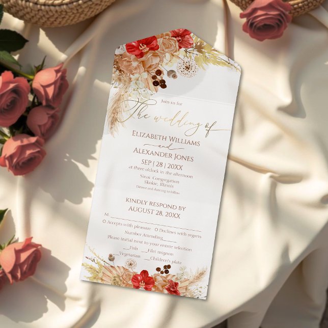 Invitation Tout En Un Mariage Floral Boho Doré Tout en un (Créateur téléchargé)