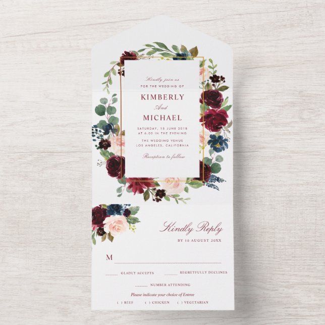 Invitation Tout En Un mariage floral bordeaux et bleu (À l'intérieur)