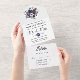 Invitation Tout En Un Mariage floral bordeaux et marine