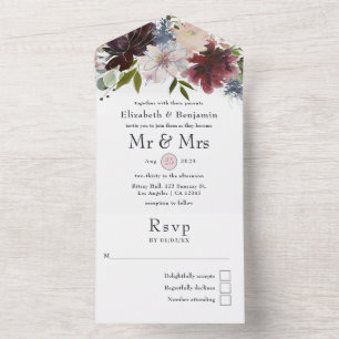 Invitation Tout En Un Mariage floral bordeaux, rose et marine