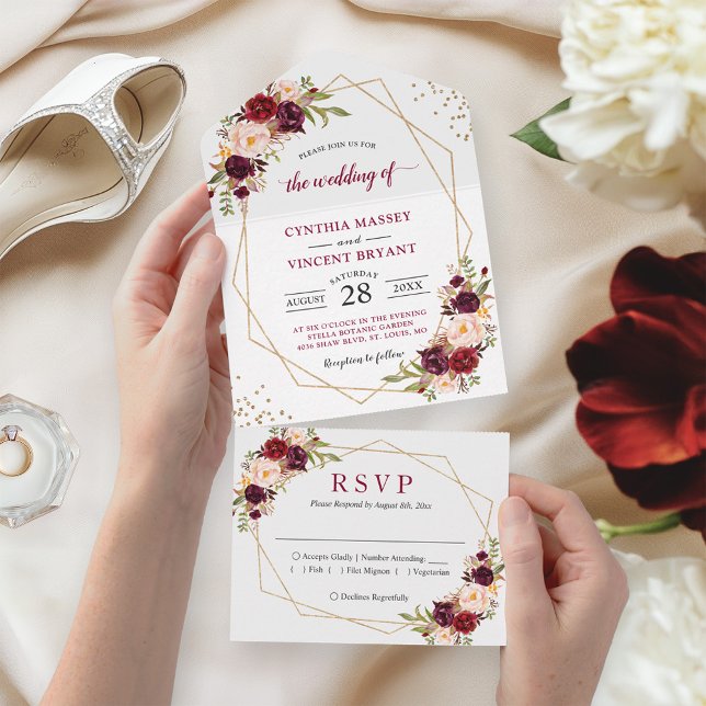 Invitation Tout En Un Mariage Floral Bourgogne géométrique (pas de VV né (Créateur téléchargé)
