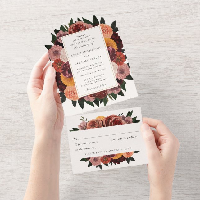 Invitation Tout En Un Mariage Floral Bourguignon d'Automne  (Déchirure)