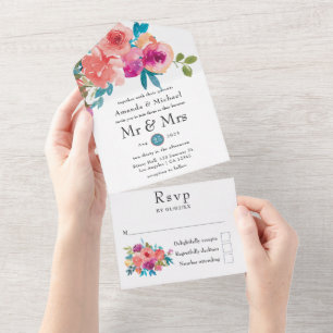 Invitation Tout En Un Mariage floral corail, turquoise et violet