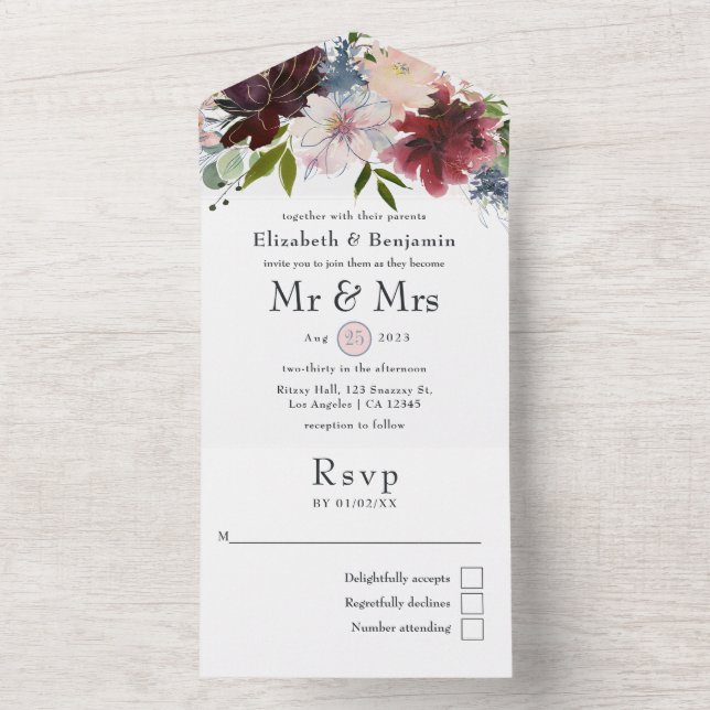 Invitation Tout En Un Mariage floral de Bourgogne, Blush et Navy (À l'intérieur)