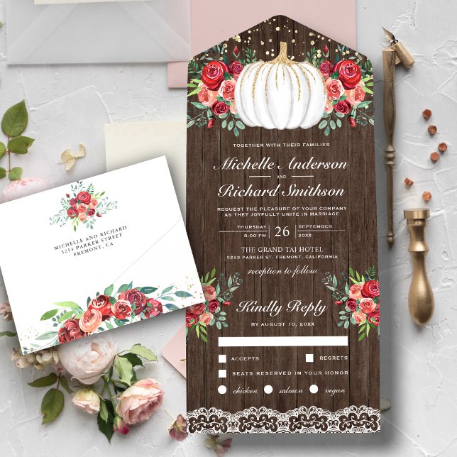 Invitation Tout En Un Mariage Floral de Bourgogne Citrouille Blanche et  (Créateur téléchargé)