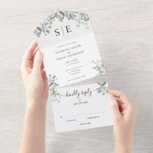 Invitation Tout En Un Mariage Floral de Greenery à Monogramme Moderne