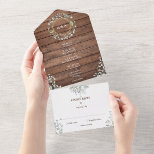 Invitation Tout En Un Mariage Floral de Greenery avec Monogramme en Bois