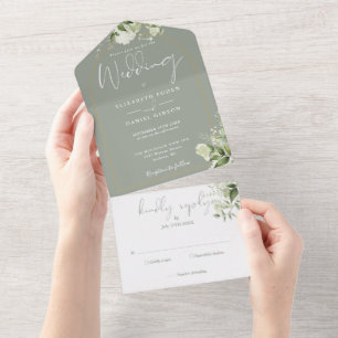 Invitation Tout En Un Mariage Floral de Verdure Vert Sauge et Arche Doré