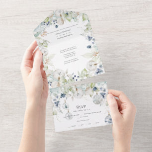 Invitation Tout En Un Mariage Floral d'Hiver au Vert Sauge et au Bleu Po