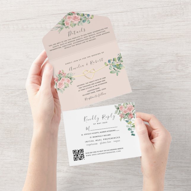 Invitation Tout En Un Mariage floral élégant du code QR (Déchirure)