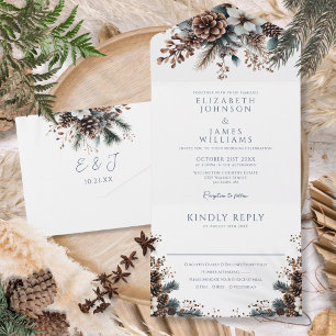 Invitation Tout En Un Mariage Floral Élégant Moderne de Cônes de Pin Rus