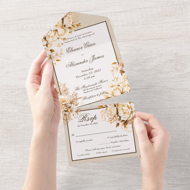 Invitation Tout En Un Mariage floral élégant or et ivoire (Déchirure)