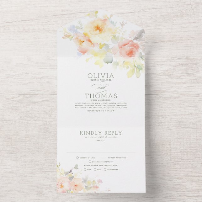 Invitation Tout En Un Mariage floral élégant romantique (À l'intérieur)