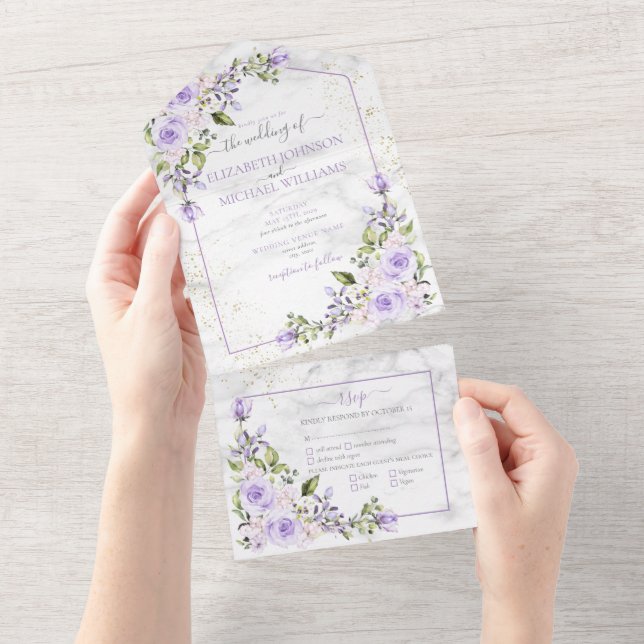 Invitation Tout En Un Mariage floral en marbre doré Lilac Rustique (Déchirure)