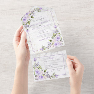 Invitation Tout En Un Mariage floral en marbre doré Lilac Rustique