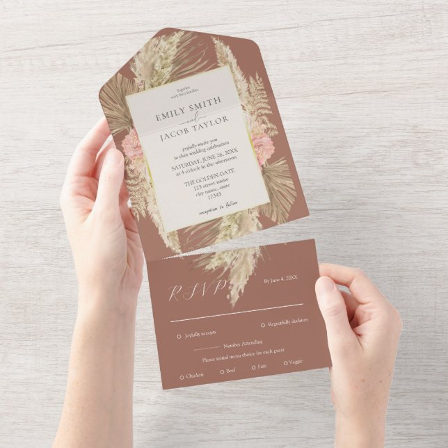 Invitation Tout En Un Mariage floral en terre cuite Boho (Déchirure)