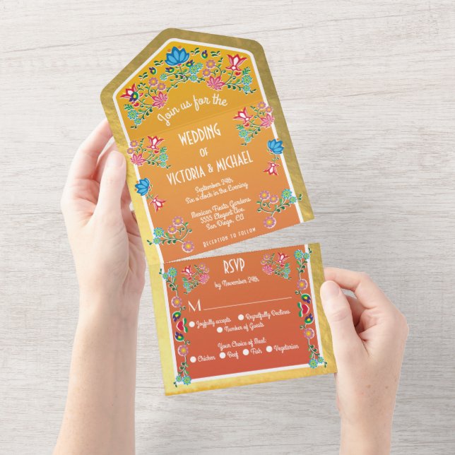 Invitation Tout En Un Mariage Floral Fiesta Faux Gold Foil mexicain (Déchirure)